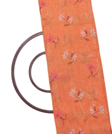 orange dogital floral printed zari border doria linen fabric